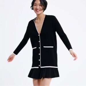 Zara Chic Black Cardigan with White Trim and Pearl Buttons
